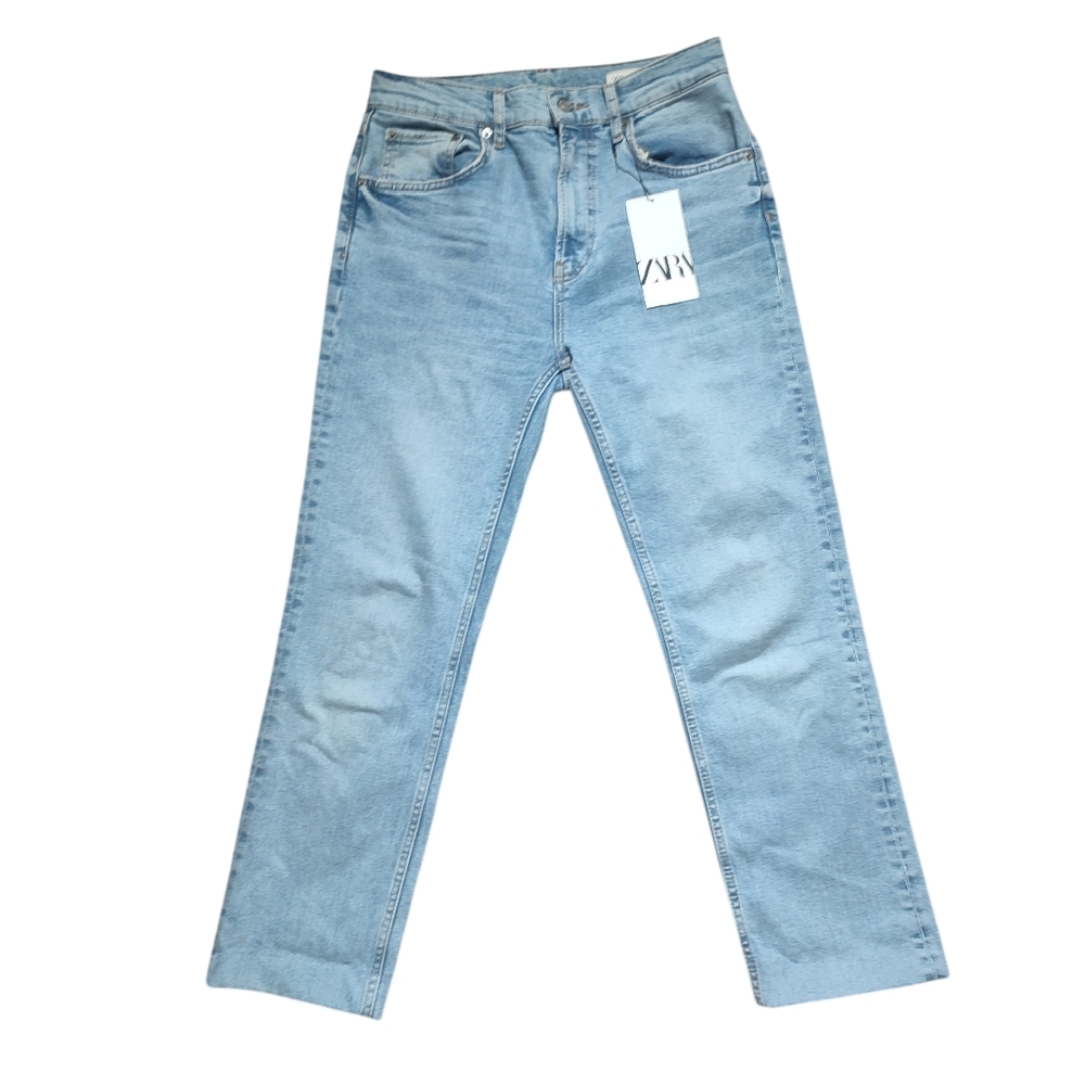 Zara NWT Light Blue Straight Leg Rolled Ankle Length Medium Rise Denim Jeans 6
